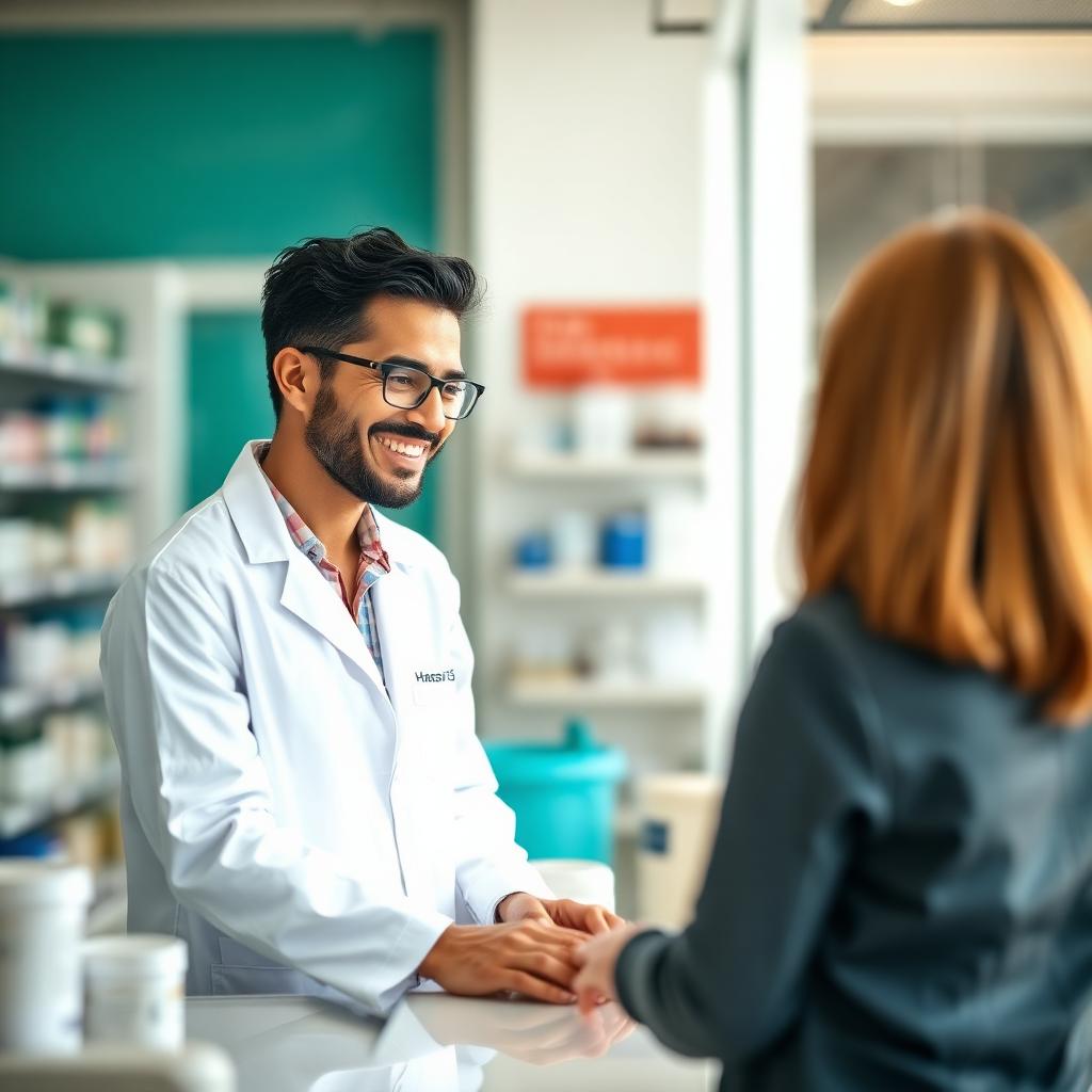 Farmacêutico atendendo cliente com atenção na Farmácia Vida