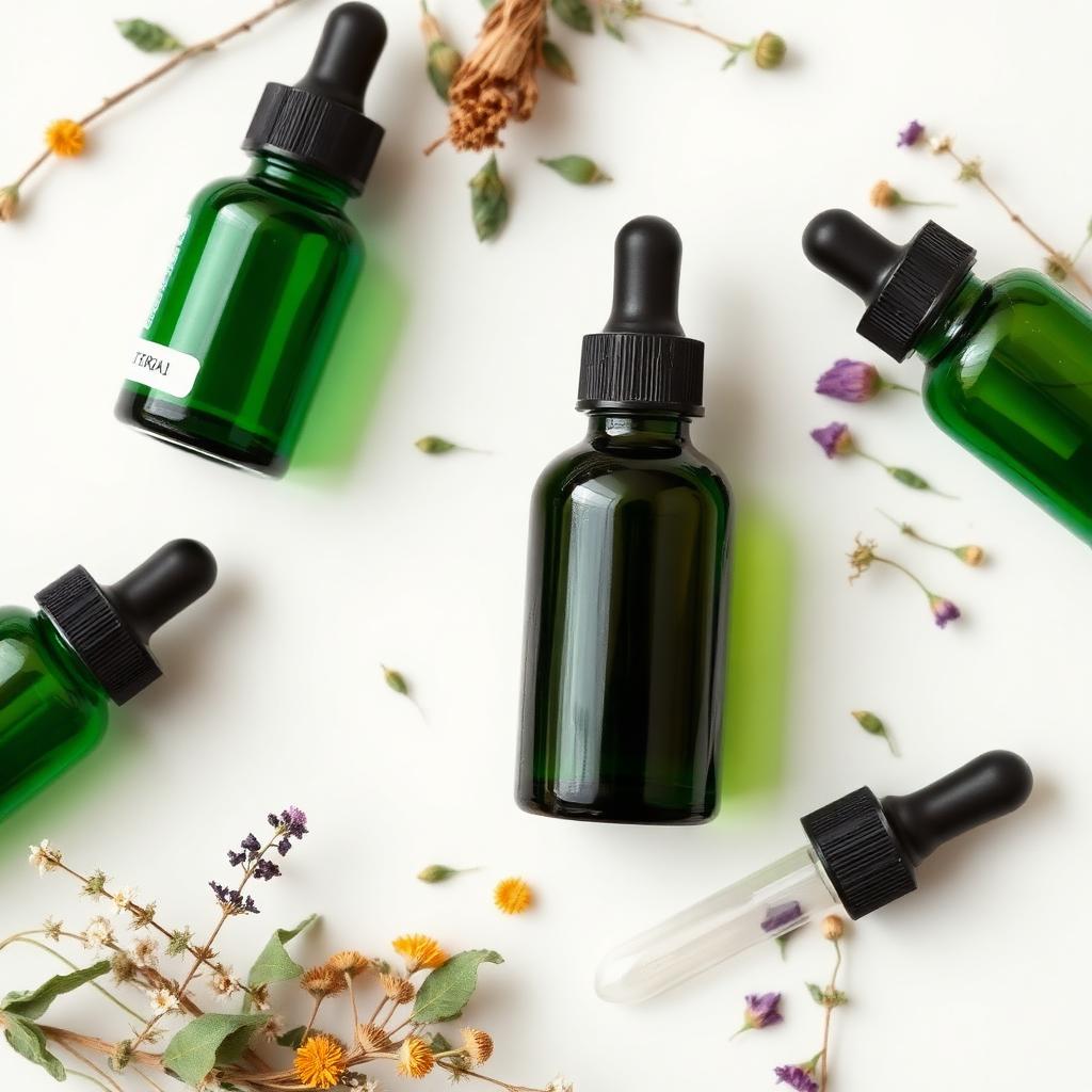 Frascos de medicamentos homeopáticos com ervas naturais