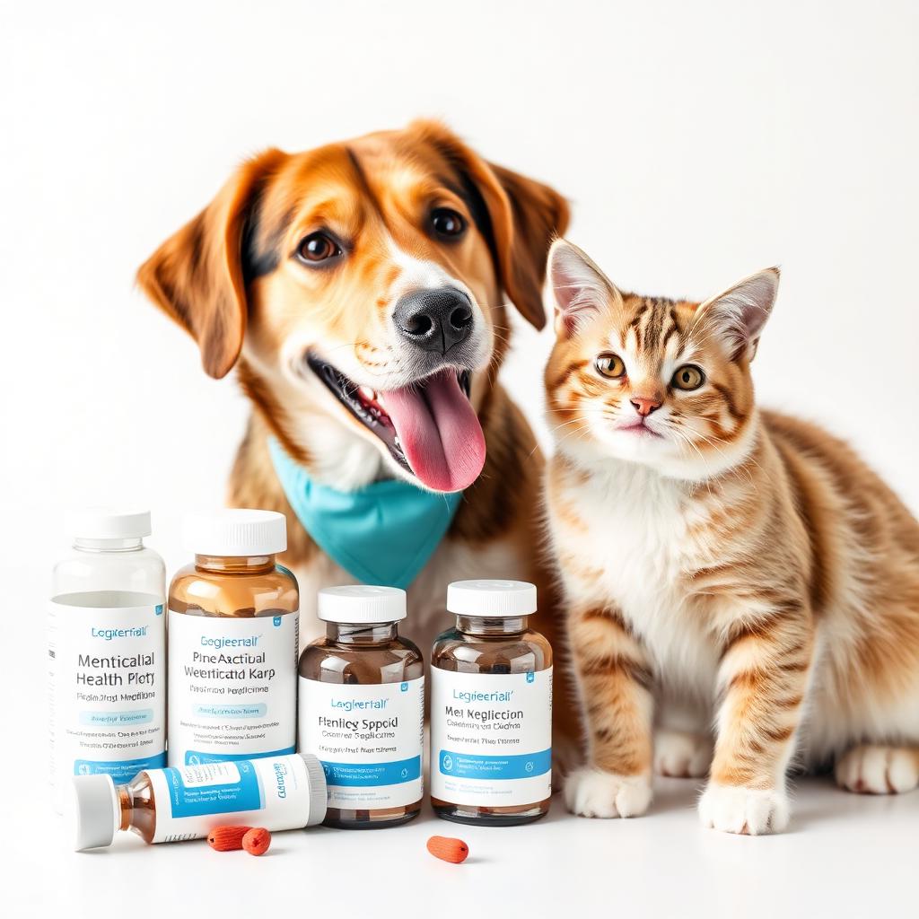 Cachorro e gato ao lado de medicamentos veterinários